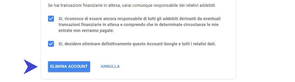 Pulsante "Elimina Account" Google