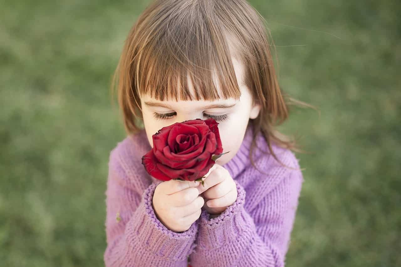 Bambina che odora una rosa