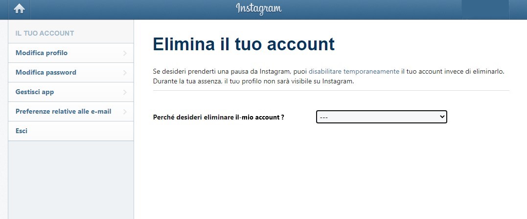 Pagina ufficiale di Instagram per eliminare un account