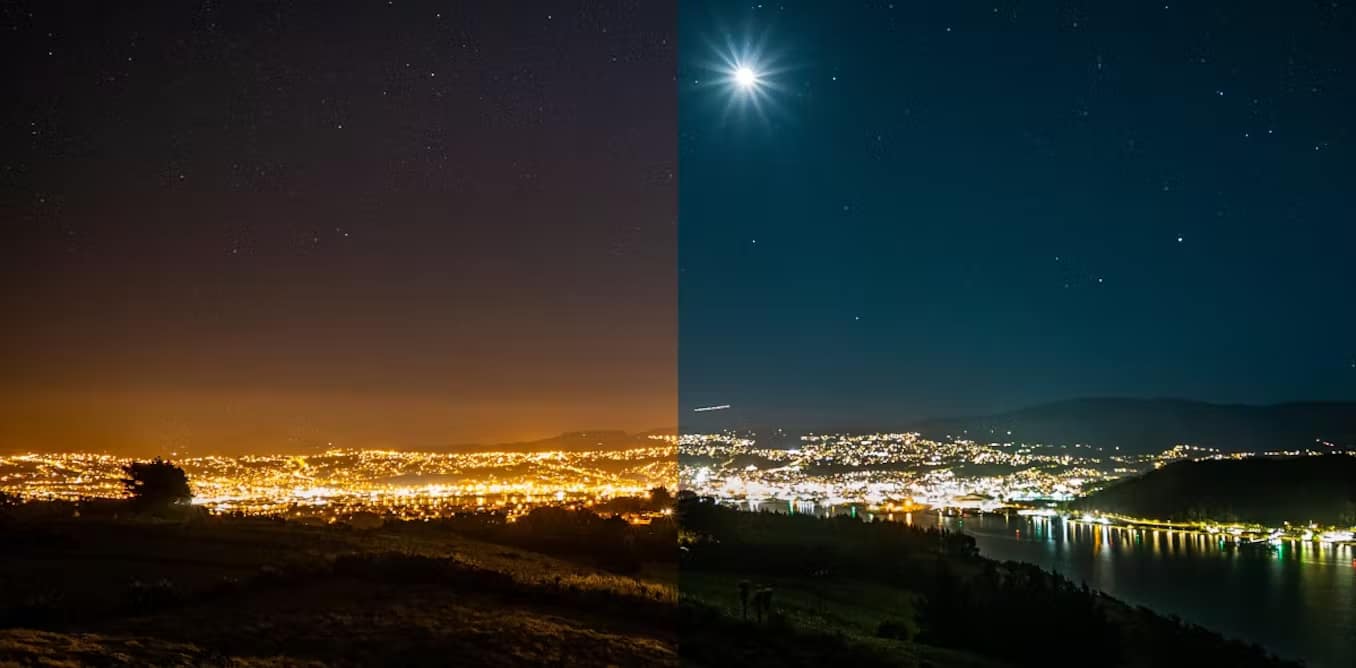 C'è una differenza di cinque anni tra i lati sinistro e destro dell'immagine. Questo è il periodo in cui la città di Dunedin, in Nuova Zelanda, ha cambiato le sue luci al sodio per l'illuminazione a LED.