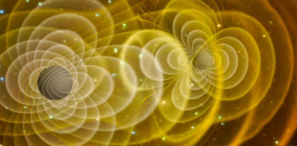 Visualizzazione 3D delle onde gravitazionali prodotte da due buchi neri in orbita