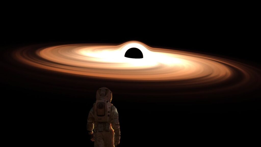 astronauta che osserva un buco nero