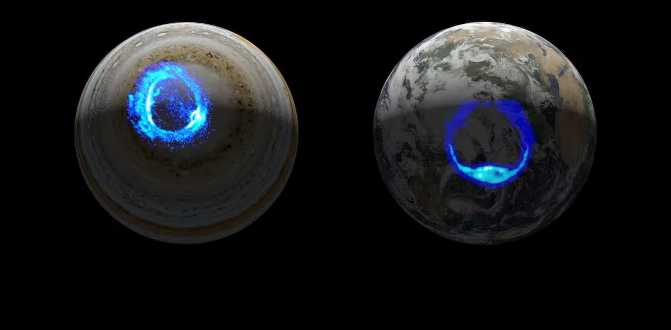 Rappresentazioni artistiche delle aurore ultraviolette su Giove (a sinistra, relative al vulcanismo su Io) e sulla Terra (a destra, a causa del vento solare)