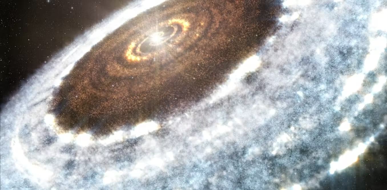 Rappresentazione artistica del limite delle nevi d'acqua attorno alla giovane stella V883 Orionis, rilevata con ALMA.