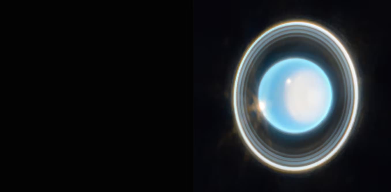 Immagine ingrandita del pianeta Urano ripresa dalla Near Infrared Camera (NIRCam) a bordo del James Webb Space Telescope