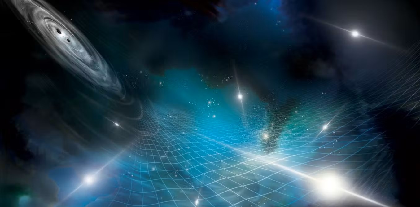 Rappresentazione artistica delle pulsar interessate dalle onde gravitazionali generate dalla fusione di due buchi neri supermassicci