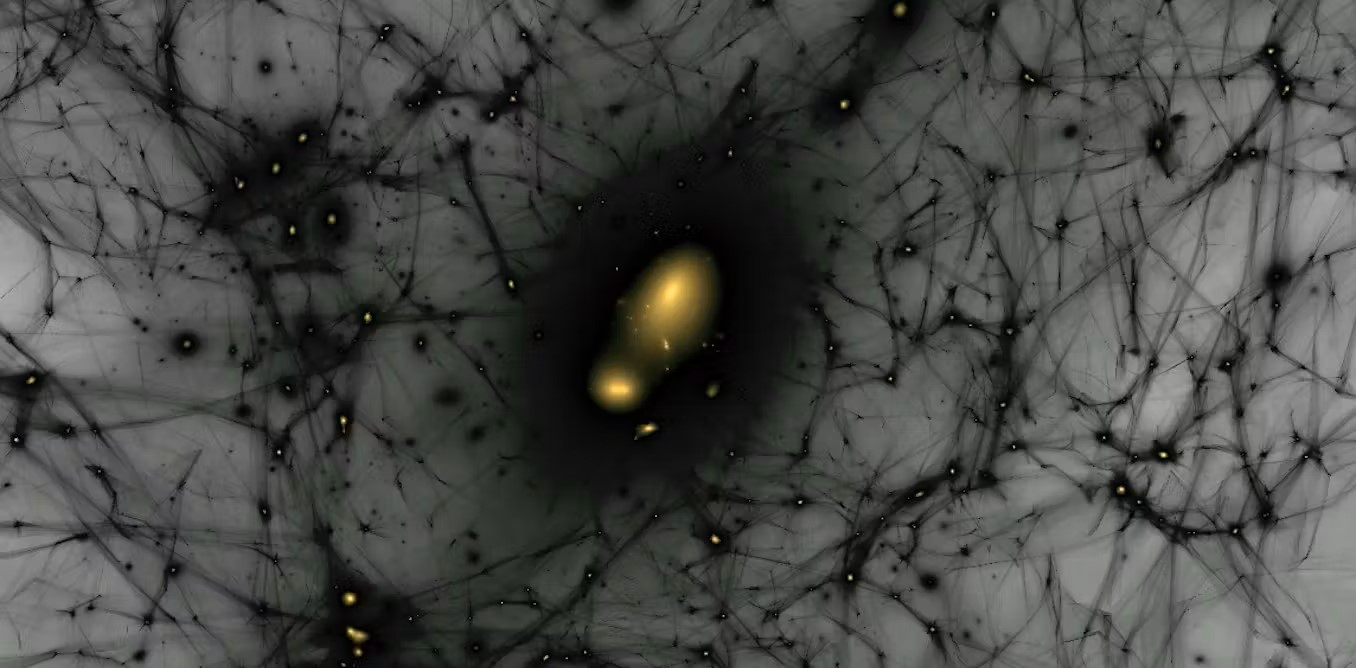 L'immagine mostra la relazione tra i filamenti dell'alone di materia oscura e le galassie che li abitano
