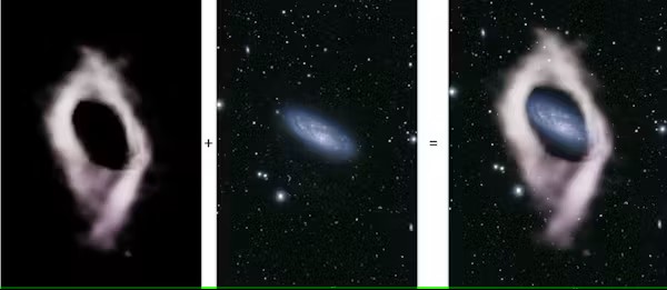 A sinistra: l'anello di idrogeno scoperto da ASKAP attorno alla galassia a spirale NGC 4632, dopo aver rimosso la brillante emissione di idrogeno rilevata nel disco della galassia. Al centro: un'immagine ottica del disco stellare ottenuta dal telescopio Subaru. A destra: immagine composita che mostra il disco stellare di NGC 4632 circondato dal grande anello di idrogeno. Deg et al. 2023, MNRAS / Jayanne English / Tom Jarrett / Nathan Deg / Collaboratori Wallaby / CSIRO / ASKAP / NAOJ / Telescopio Subaru. CC BY