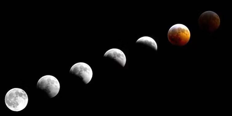Le varie fasi di un'eclissi lunare totale - questa vista dall'Alaska il 20 dicembre 2010 in un periodo di due ore