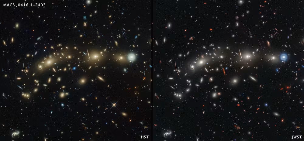 Confronto tra l'ammasso di galassie MACS0416 visto da Hubble in luce visibile (a sinistra) e da James Webb in luce infrarossa (a destra). Crediti: NASA, ESA, CSA, STScI.
