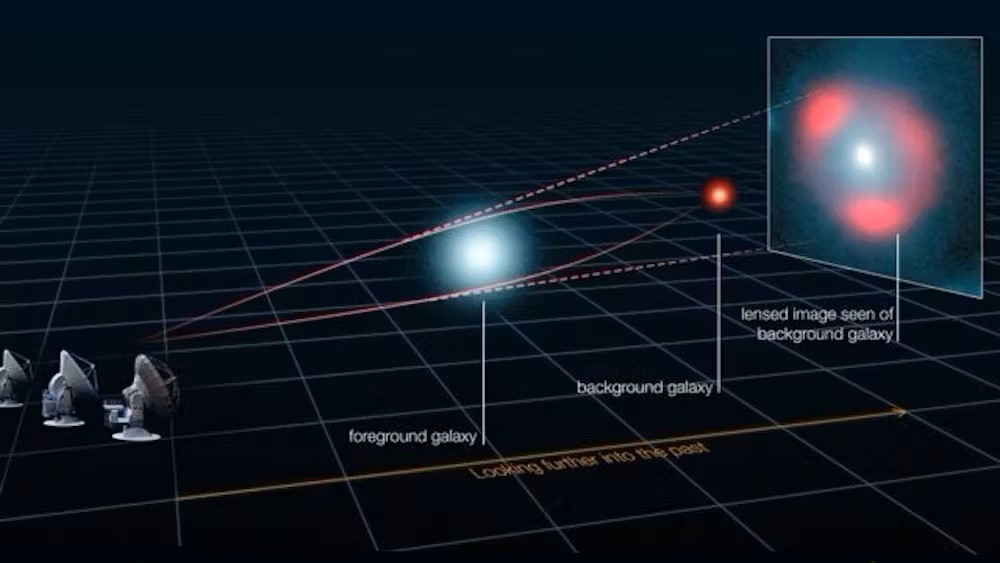 Illustrazione dell'effetto lente gravitazionale. L'immagine della galassia di sfondo (in rosso) è distorta e ingrandita dalla galassia vicina (in blu) e raccolta dagli osservatori astronomici. Crediti: ALMA (ESO/NRAO/NAOJ), L. Calçada (ESO), Y. Hezaveh et al.
