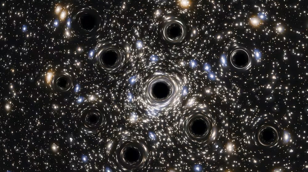 Interpretazione artistica di una concentrazione di buchi neri primordiali di diverse dimensioni situati al centro della galassia NGC 6397